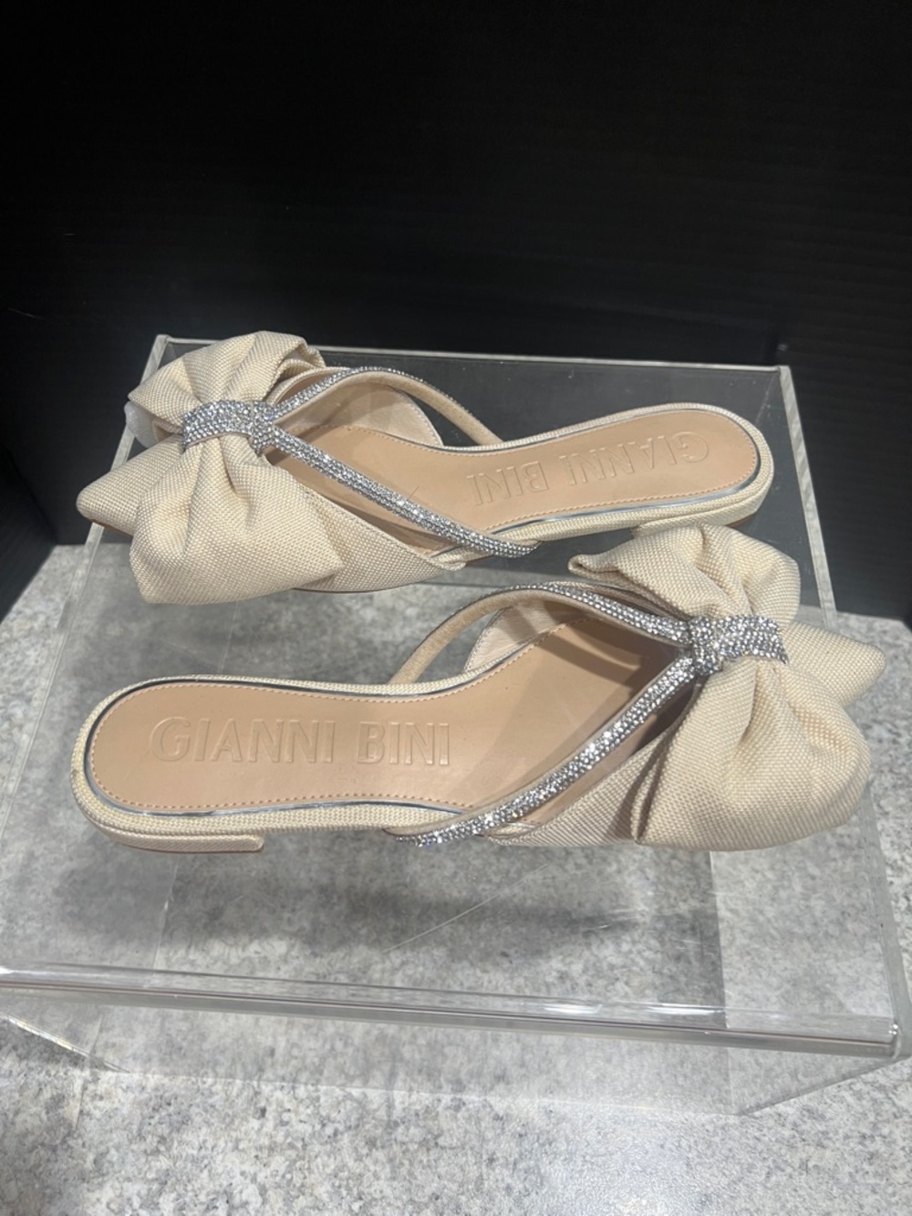 Gianni Bini Beige Bow Slide Sandals with Silver Rhinestone Straps - Picture 3 of 4